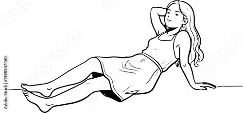 Woman in a relaxed pose with sitting on the ground on transparent background. Line drawing illustration