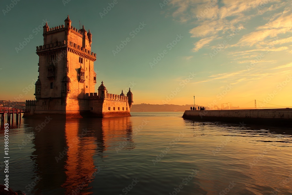Fototapeta premium Belém Tower's Sunset: The iconic Belém Tower stands majestically as the sun sets, painting the sky with vibrant hues, offering a picturesque view that speaks of history and tranquility.