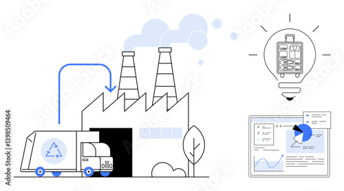 Recycling truck unloading at factory, factory chimneys emitting low pollution, lightbulb representing eco-innovation, data analytics dashboard for monitoring performance. Ideal for sustainability