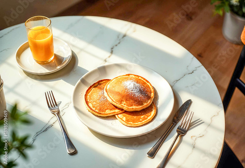table setting on a white plate with pan cakes