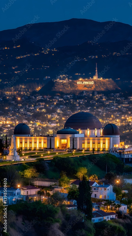 Obraz premium Night Panorama: A majestic observatory stands illuminated against the backdrop of a twinkling city skyline, as dusk descends and the stars begin to emerge. This breathtaking view exudes tranquility.