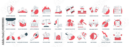 government collapse series graphics, security breaches protests crumbling institutions economic downturns, ballot box treasury ministry