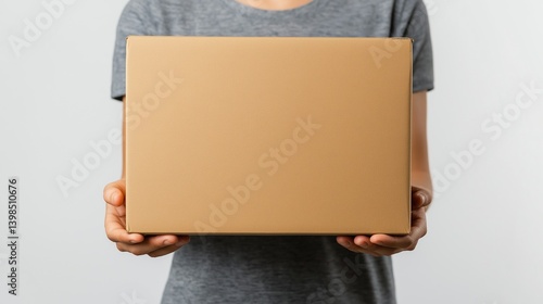 Fototapeta Naklejka Na Ścianę i Meble -  Person holding a large cardboard box against a neutral background. Concept of delivery, moving, and shipping services.