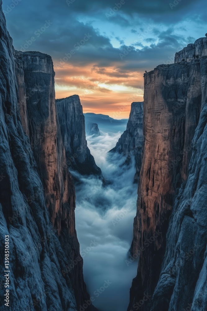 Towering rock formations overlook a dreamlike valley of cloud Towering rock formations overlook a dreamlike valley of cloud