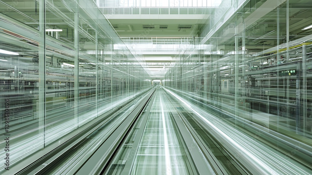 A modern, glass-enclosed factory hallway with a moving walkway. A modern, glass-enclosed factory hallway with a moving walkway.