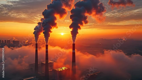 Tall smokestacks release thick clouds of pollution against a glowing orange sunset, symbolizing environmental crisis and energy.
 photo