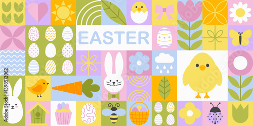Cute easter modern geometric mosaic seamless pattern. Simple shapes and icons in flat minimalist style. Spring vector ornament for print, banner, card, fabric, cover, wrapping paper, wallpaper