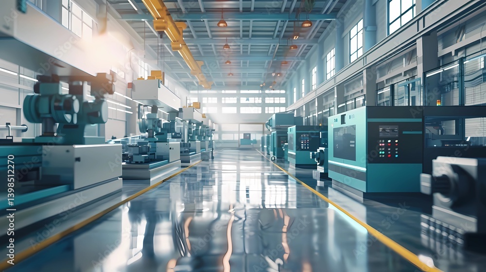 Fototapeta premium A wide-angled view of a modern industrial factory floor with diffused natural light coming through large windows, Generative AI illustrations.
