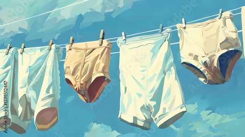 A men's underpants are dried on a clothes horse, Generative AI illustrations.