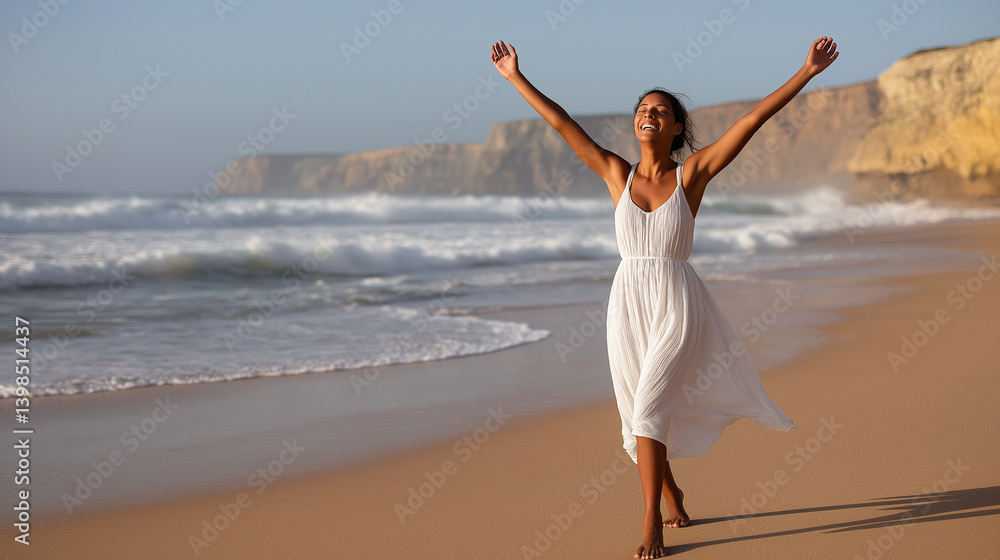 A joyful woman celebrates on a beach in Portugal