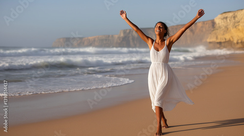 Obraz na płótnie A joyful woman celebrates on a beach in Portugal w salonie