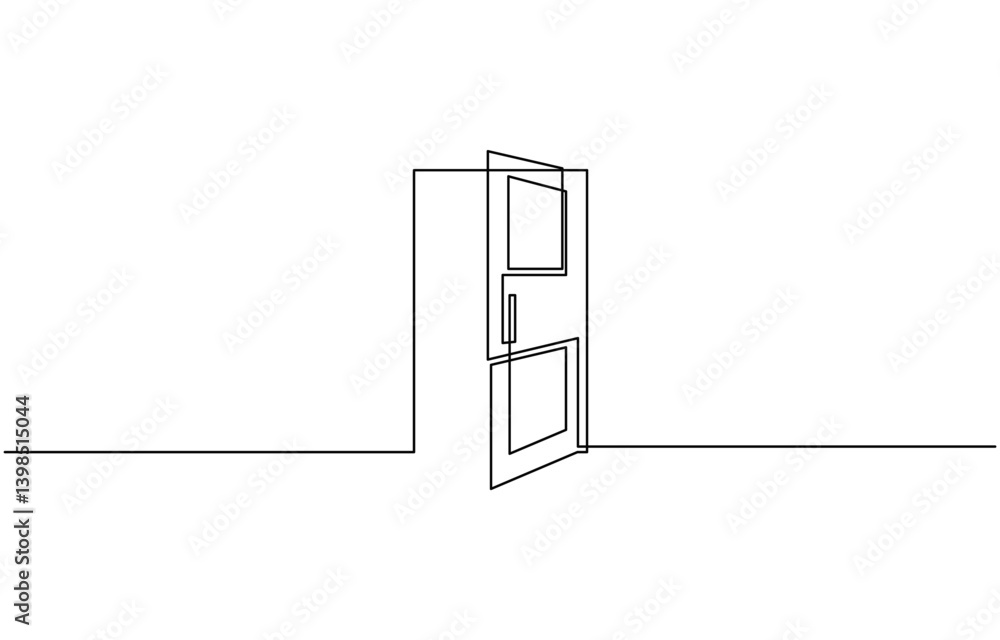 Open door with one continuous line. Single line editable drawing of office entrance, A modern line art depiction of an open door in one continuous line, Open door continuous one line drawing.