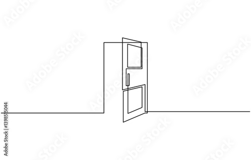 Open door with one continuous line. Single line editable drawing of office entrance, A modern line art depiction of an open door in one continuous line, Open door continuous one line drawing.
