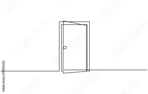 Open door with one continuous line. Single line editable drawing of office entrance, A modern line art depiction of an open door in one continuous line, Open door continuous one line drawing.