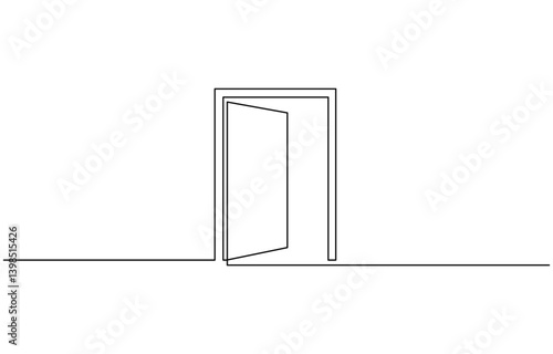 A modern line art depiction of an open door in one continuous line, Open door one line illustration, welcome sign continuous line art drawing.