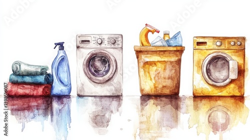 Colorful watercolor illustration of laundry items, cleaning supplies, and washing machines arranged neatly