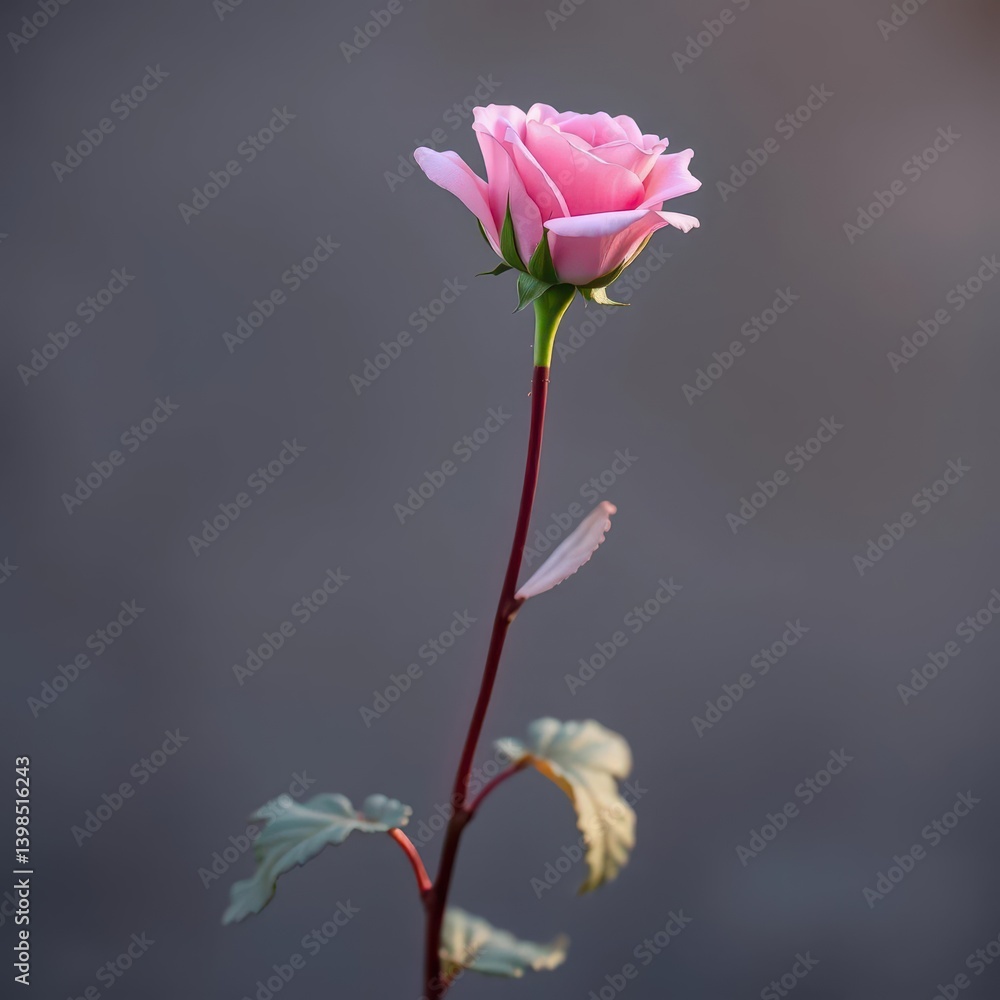 Delicate pink rose, single long stem, elegant bloom, floral design, celebration