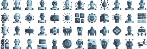 3D AI and robotics vector icon set featuring humanoid robots, digital assistants, and automation