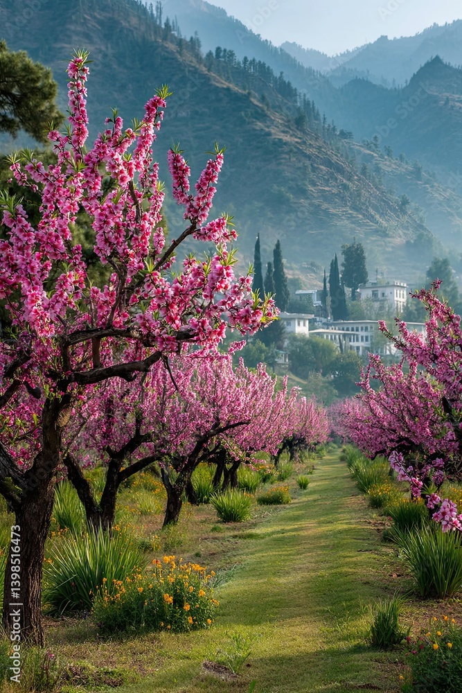 Blooming peach orchards in early spring, path in the middle. Soft light Blooming peach orchards in early spring, path in the middle. Soft light