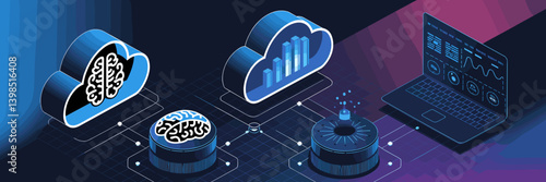 AI and Big Data isometric icon set with cloud computing, data visualization, and machine learning – Suitable for AI-driven analytics, futuristic technology, or data science content.
