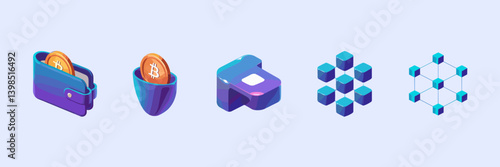 Colorful 3D fintech icon collection with cryptocurrency wallet, secure transactions, and blockchain network