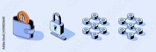 3D fintech vector icon set with cryptocurrency wallet, secure transaction, and decentralized finance chain