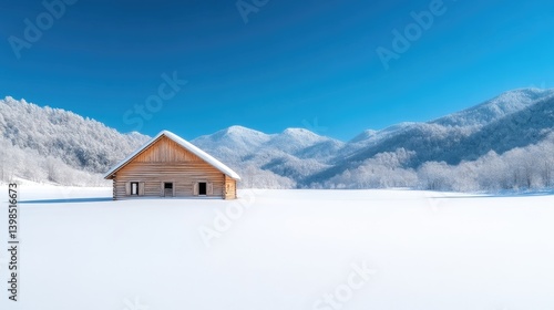 Snowy winter landscape with a wooden cabin