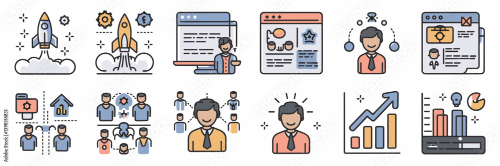 Vector icon set with thin-line illustrations of startup and growth concepts Vector icon set with thin-line illustrations of startup and growth concepts