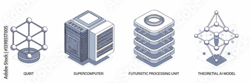 Vector illustration of high-tech isometric icons with qubits, supercomputers, and neural networks – Suitable for AI research, computational science, or digital infrastructure content.