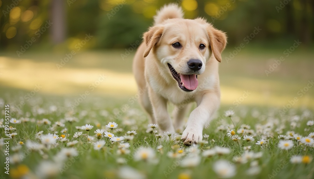A dog runs in a beautiful flower field and sneezes, sniffing flowers, on a blurry colored background A dog runs in a beautiful flower field and sneezes, sniffing flowers, on a blurry colored background