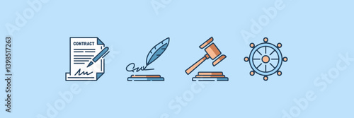 Modern vector icons for legal and compliance, featuring contract, quill signature, gavel, privacy shield, and regulation wheel