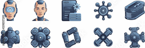 Vector icon set of next-gen AI and robotics with humanoid robot, digital assistant, and automation system – Ideal for technology branding, AI development, or robotics-themed content.