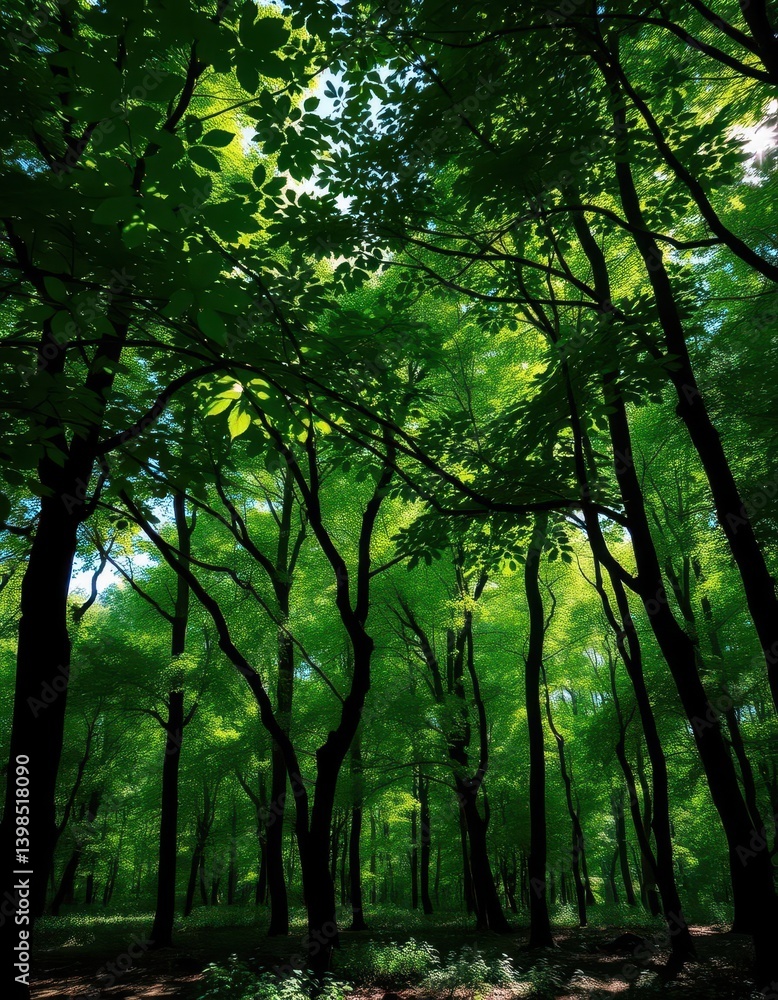 Obraz premium Dense emerald canopy, sunlight dappling forest floor, trees, plants