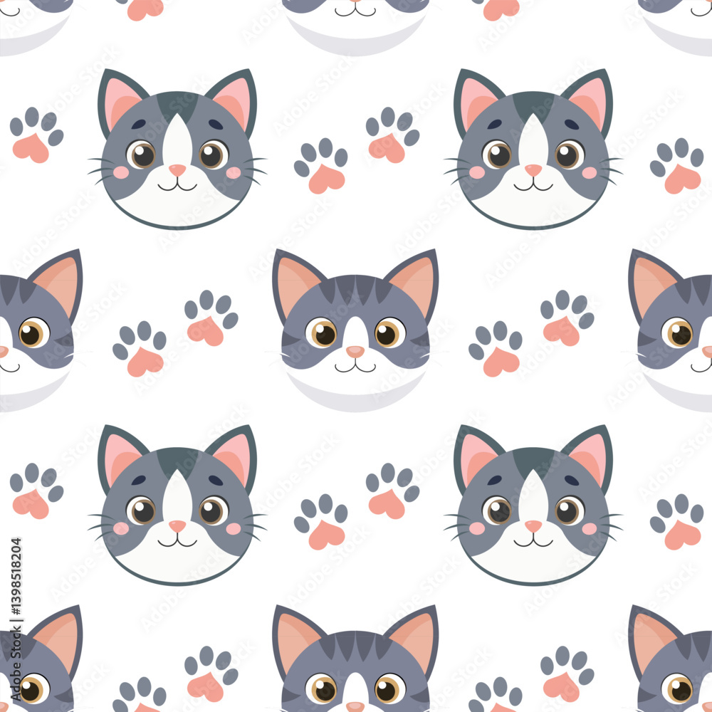 Seamless pattern of cute cat faces and paw prints. Kittens seamless pattern. Cute background for kids. Seamless pattern of cute cat faces and paw prints. Kittens seamless pattern. Cute background for kids.