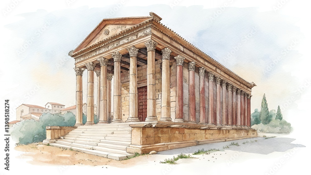 Fototapeta premium Ancient Roman Temple Watercolor Corinthian Columns Architecture Illustration