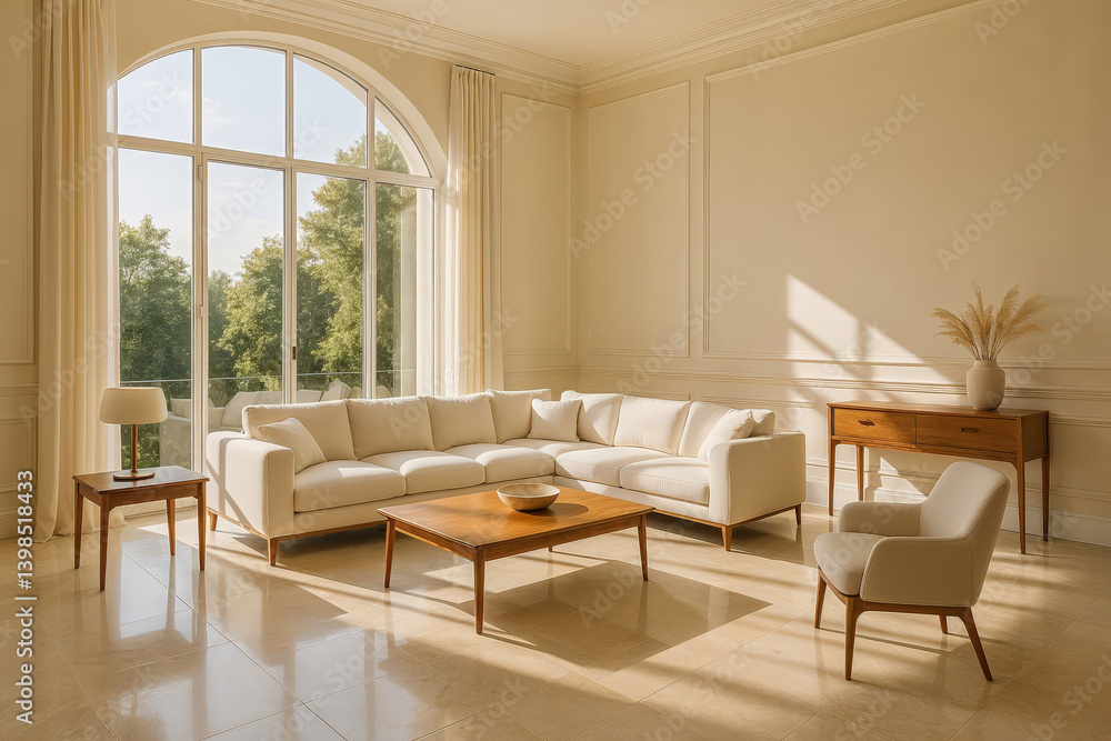 Fototapeta premium Modern elegant living room interior with white corner sofa wooden furniture large arched window and sunlight through curtains