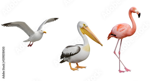 A seagull in flight, a pelican standing, and a flamingo standing against a black background outdoors