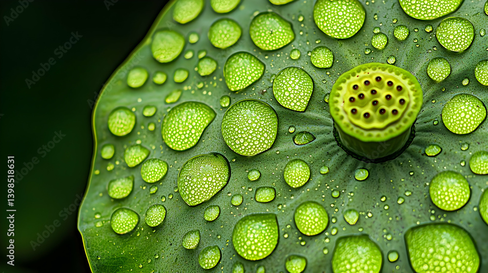 Close Up Of Water Droplets On A Green Lotus Leaf Close Up Of Water Droplets On A Green Lotus Leaf