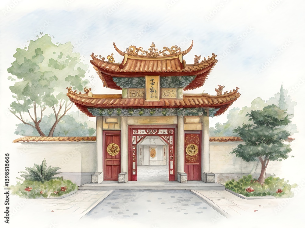 Serene Asian Temple Gate Watercolor Painting Tranquil Garden Entrance Chinese Architecture Peaceful