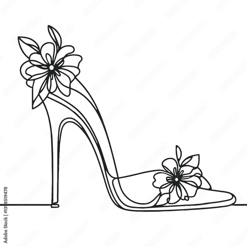 Minimal One Line Drawing of Woman's Elegant High-Heeled Slipper Decorated with Flowers – Black Line Art Vector on Transparent Background Minimal One Line Drawing of Woman's Elegant High-Heeled Slipper Decorated with Flowers – Black Line Art Vector on Transparent Background