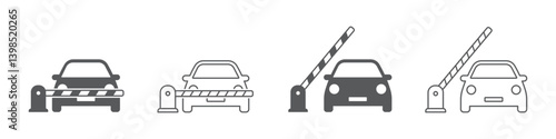 Set of car barrier icons. Car, barricade, barrier, toll gates, parking entrance, open barrier, closed barrier, parking ticket. Vector. EPS10.
