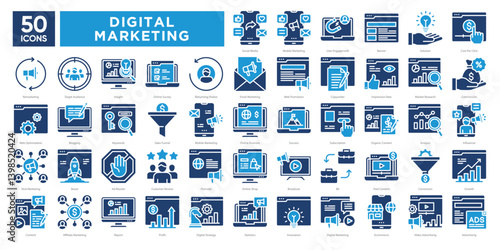 Digital marketing icons collection set, covering SEO, social media, email, analytics, content strategy, and online advertising. Ideal for campaigns, presentations, and marketing materials.