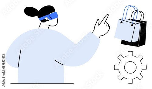 Person wearing VR headset pointing at shopping bags and a gear icon. Ideal for virtual reality, online shopping, technology, user interaction, ecommerce, digital innovation, futuristic concepts