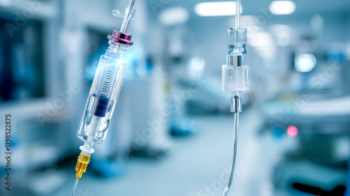 Close-up of a medical intravenous (IV) drip in a hospital setting, with sterile equipment and hospital background.