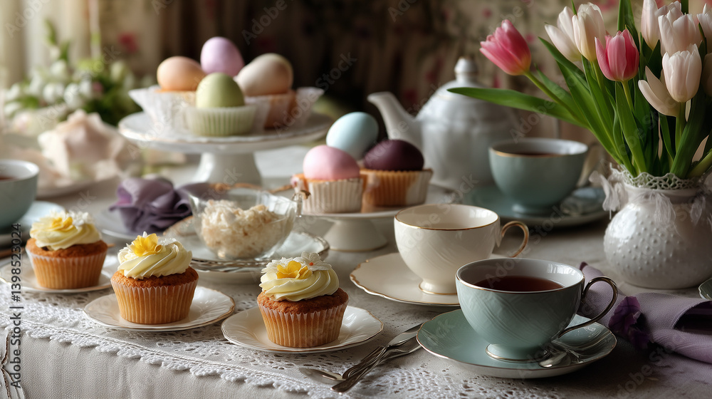 Refined Easter tea setting with pastel cupcakes, tulips, painted eggs, and fine china on a lace-covered table. Ideal for lifestyle, home, and editorial uses. Refined Easter tea setting with pastel cupcakes, tulips, painted eggs, and fine china on a lace-covered table. Ideal for lifestyle, home, and editorial uses.