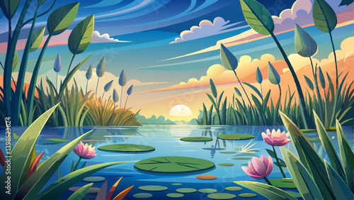 Calm waters reflecting the sky, filled with floating lilies and framed by reeds and grasses.