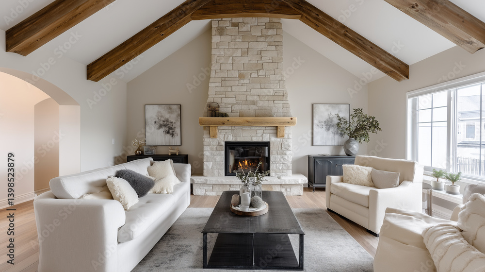 Fototapeta premium Large living room with a fireplace and a TV