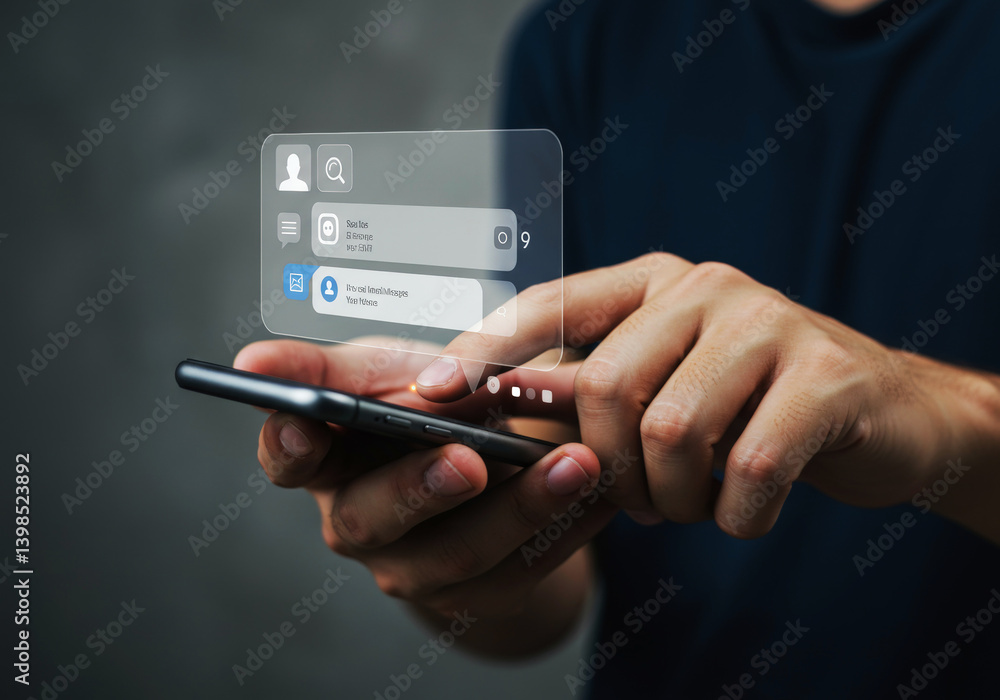 Social Media Man hand using smartphone typing live chat chatting on application communication digital web and social network concept