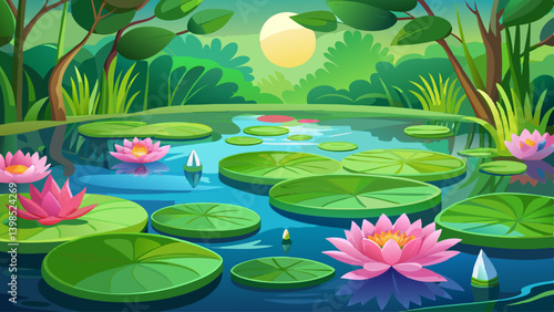 Serene pond with vibrant green lily pads and delicate pink lotus flowers reflecting in still water