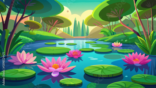 Serene pond with vibrant green lily pads and delicate pink lotus flowers reflecting in still water